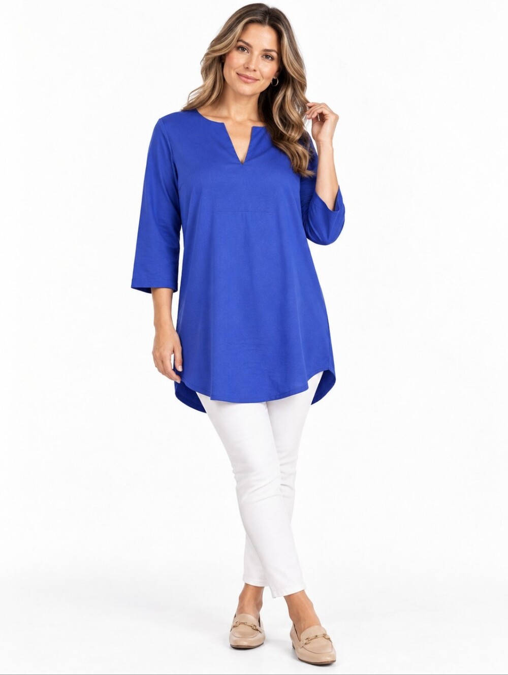 Isaac Mizrahi Women's Royal Blue Tunic Blouse Split Neck Minimalist Size M